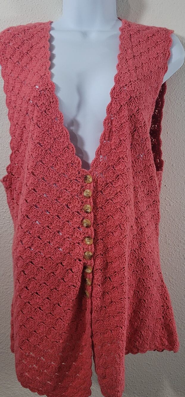 Worthington Orange Coral Crochet Button Up Sleeveless Cardigan Sweater XL Soft